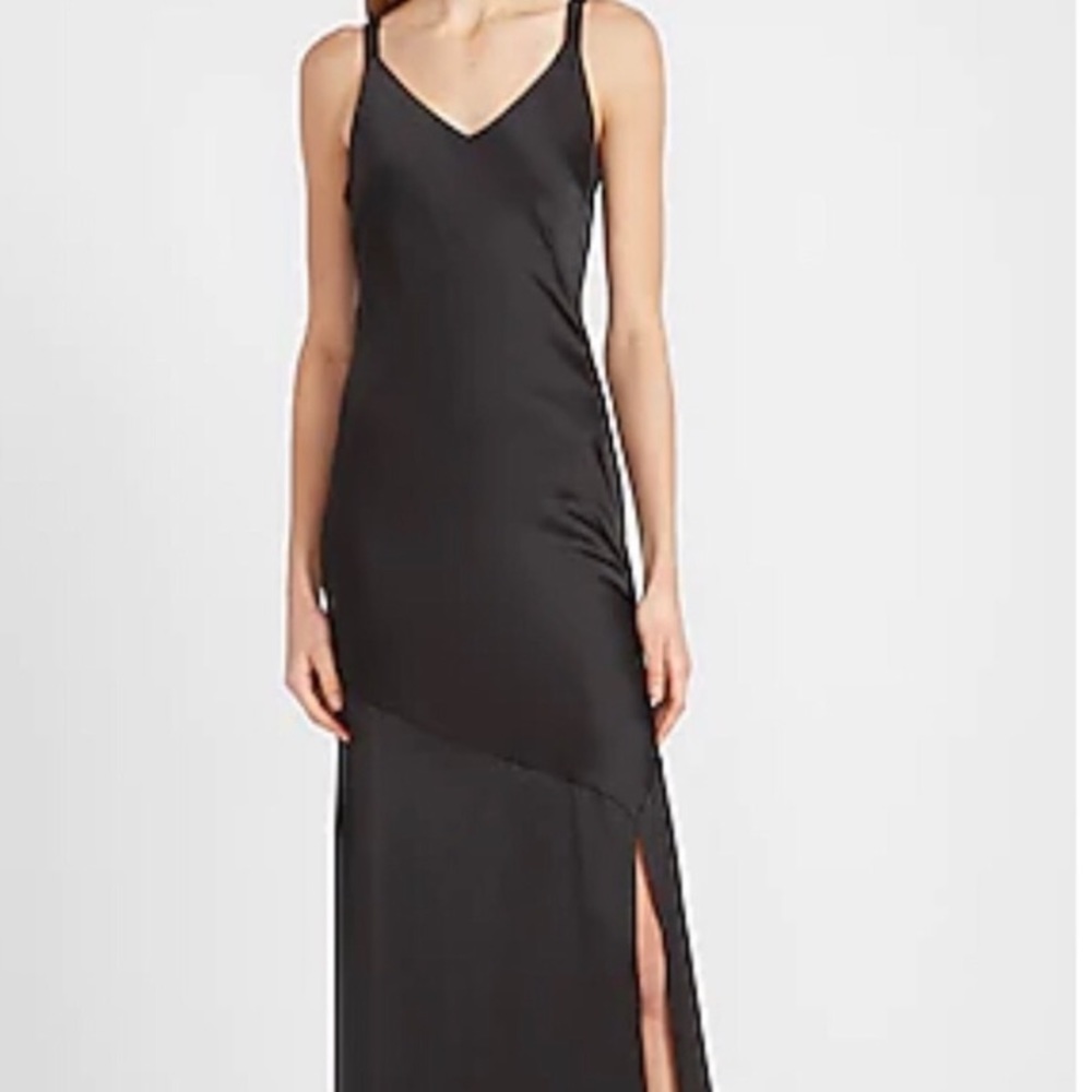 Express Satin V-Neck Midi Slip Dress in black